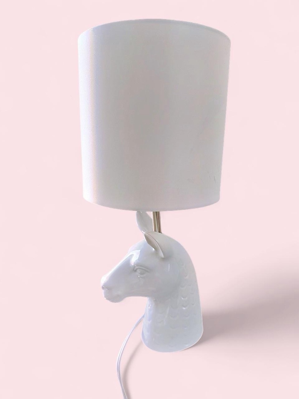 White Ceramic Llama Table Lamp with Drum Shade